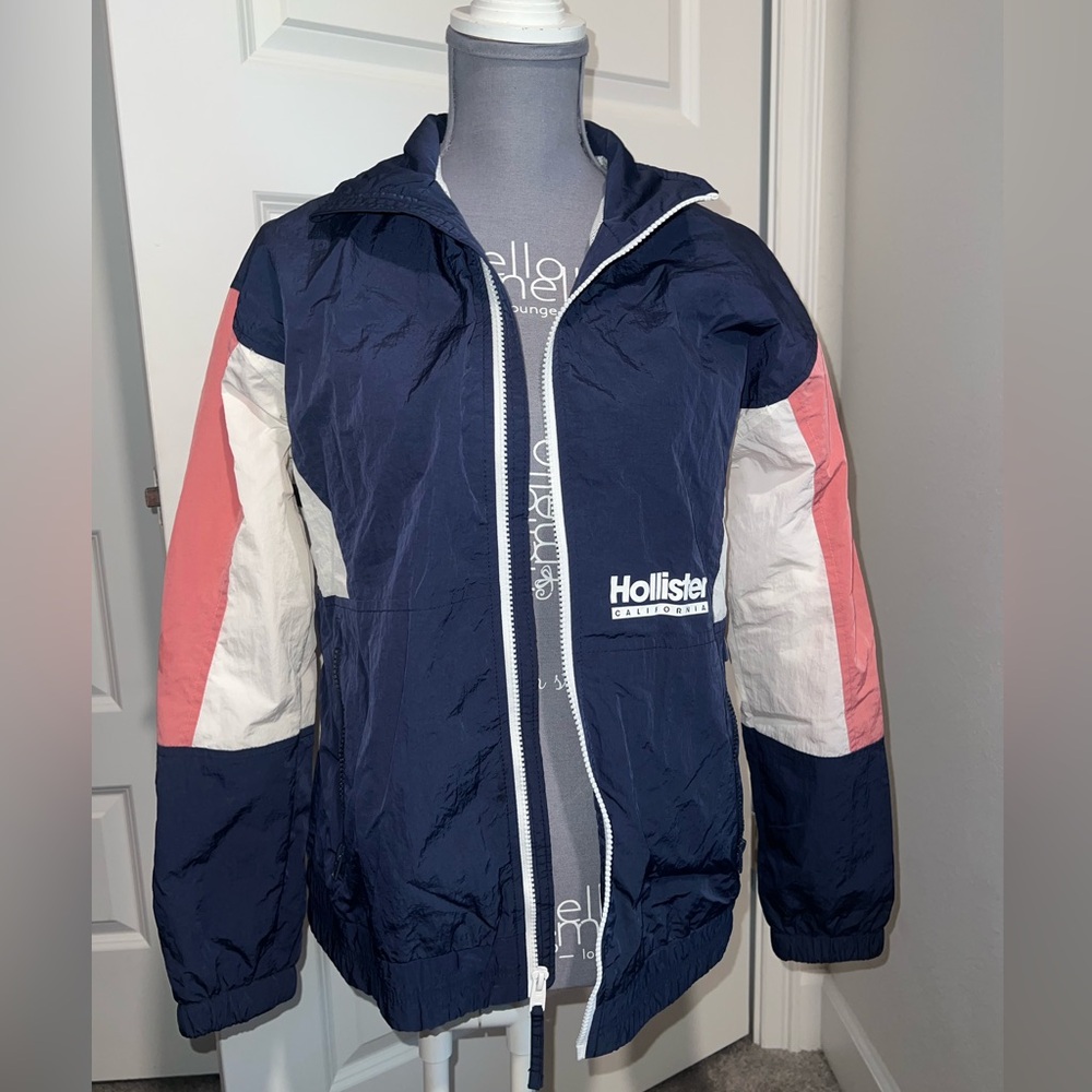 Hollister Navy and White Windbreaker Jacket